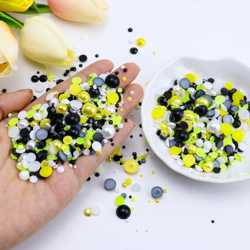 Briskbloom 60g Mix Pearls and Rhinestones for Crafts, 3620PCS 2mm-10mm Flatback for Nails Face Art Tumblers, Jelly and Half Pearls, Yellow|Black|White - Image 2